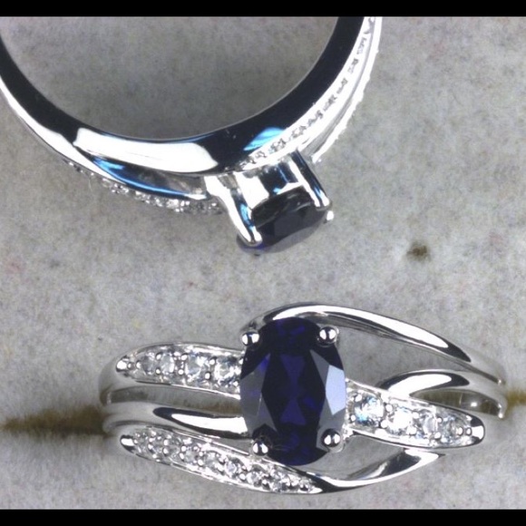(925) Blue/White Lab-Created Sapphire Ring - Picture 6 of 9